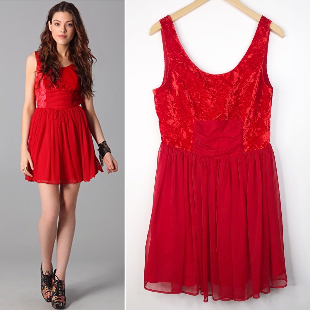 Free People Red Crushed Velvet Chiffon Boho Colorful Balletcore Party Mini Dress